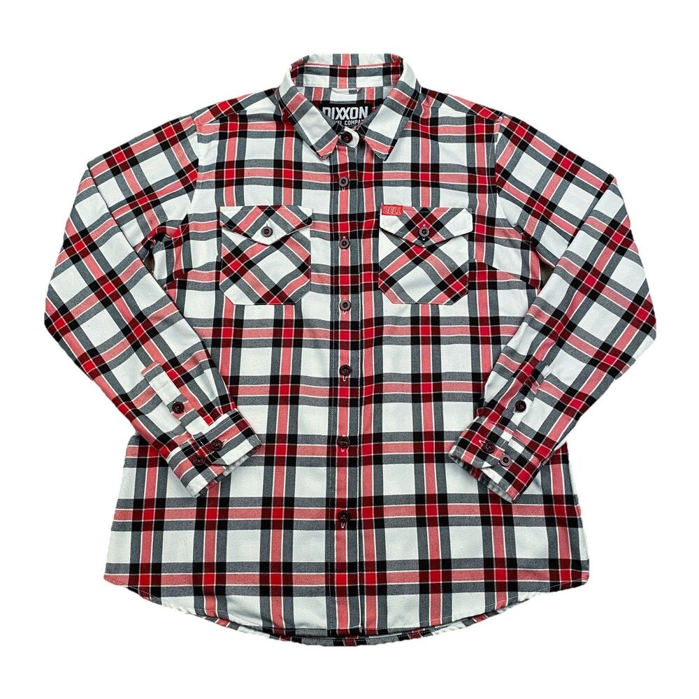 Dixxon Flannel Co. Bell Helmets Flannel Shirt Womens L Black Red White Plaid EUC